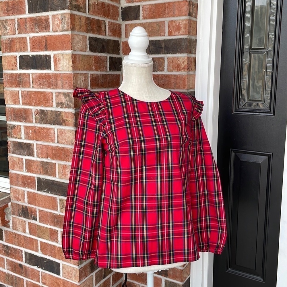 J. Crew Plaid Long Sleeve Ruffle‎ Top